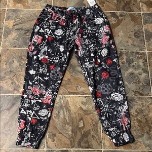 Graphic Black Joggers with Red & White Rose Print